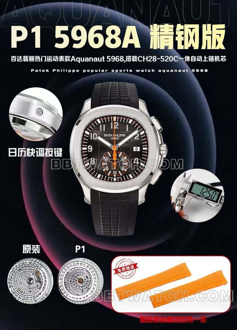 Watches Patek Philippe P1 Factory Grenade Black Plate Mechanical Black Rubber Model 5968 Front Actual Picture