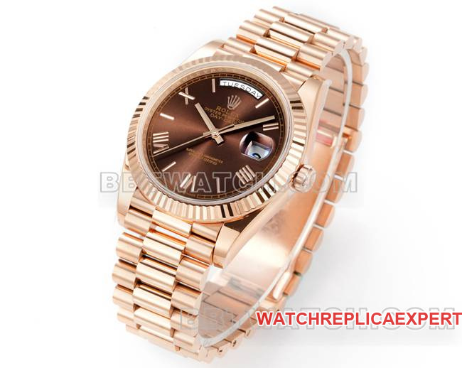 watch Day-DatePPM factory Rolex mechanical brown dial Roman numerals rose goldfront live photo