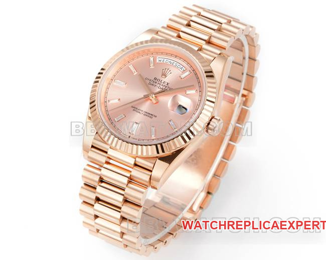collectible watch Day-DatePPM factory Rolex mechanical pink dial Roman numerals rose goldfront live photo
