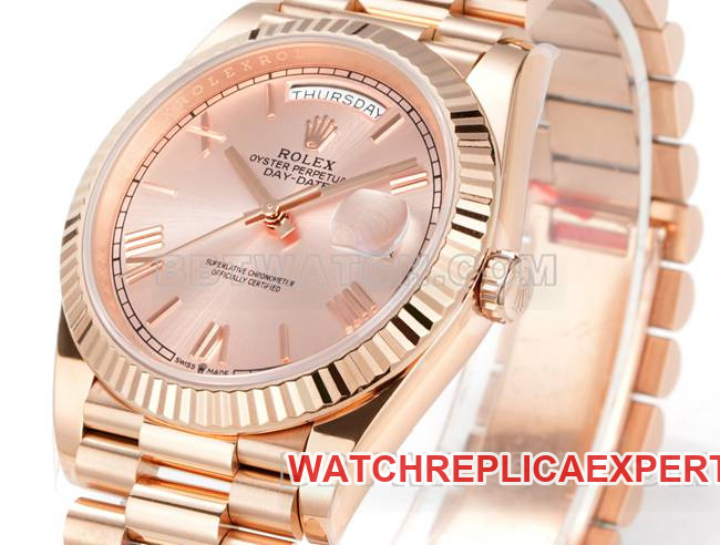 collectible watch Day-DatePPM factory Rolex mechanical pink dial Roman numerals rose goldfront live photo