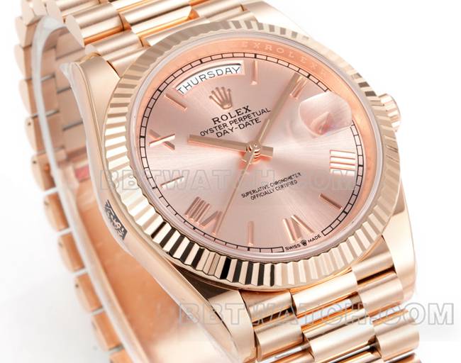 collectible watch Day-DatePPM factory Rolex mechanical pink dial Roman numerals rose goldfront live photo