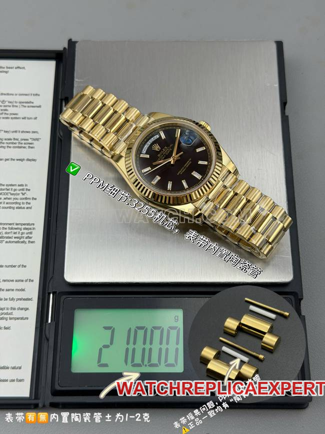 collectible watch Rolexblack dialPPM factory Day-Date mechanical yellow gold weight live photos