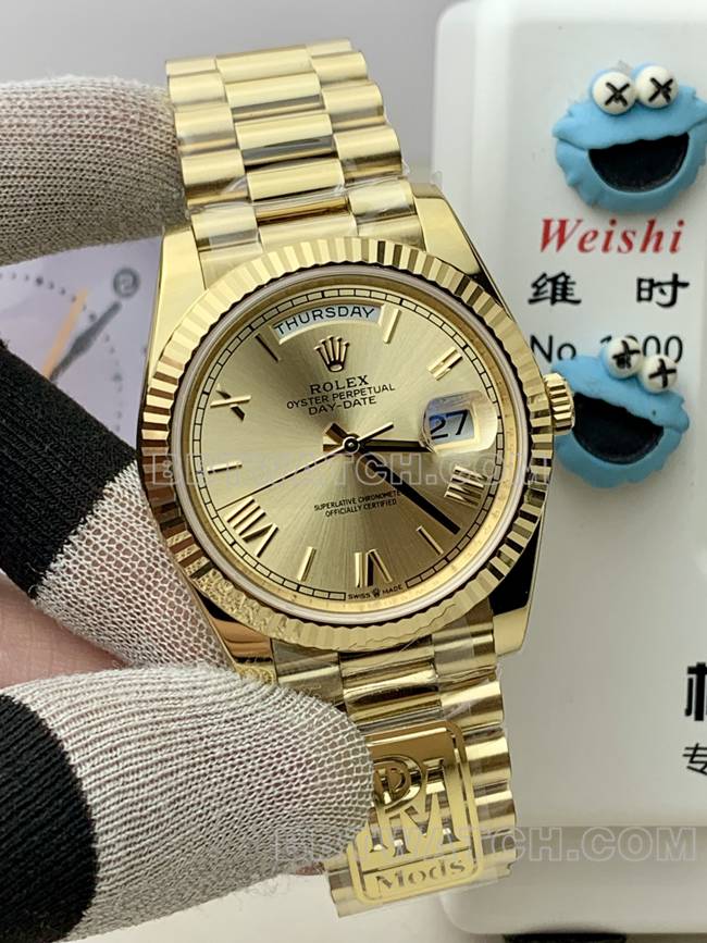 top-tier watch Rolexyellow goldPPM factory Day-Date mechanical gold plate Roman numerals front live photo