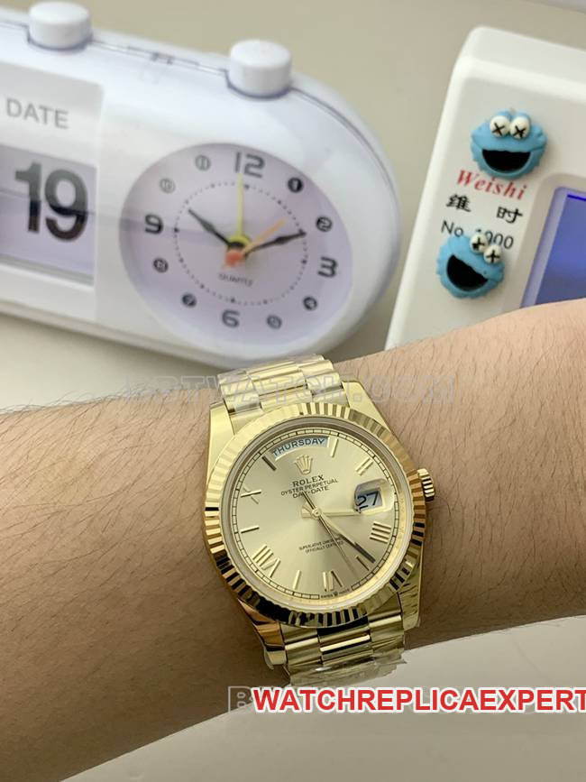 top-tier watch Rolexyellow goldPPM factory Day-Date mechanical gold plate Roman numerals front live photo