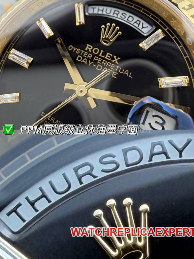 collectible watch Rolexblack dialPPM factory Day-Date mechanical yellow goldfront live photo