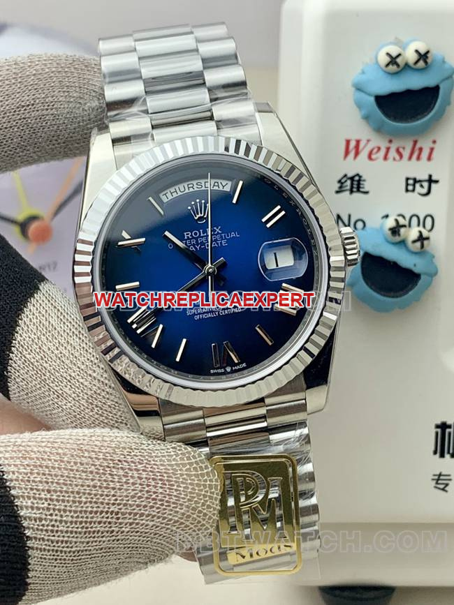 collectible watch PPM factory blue black dial Roman numerals Rolex Day-Date mechanical front live photo