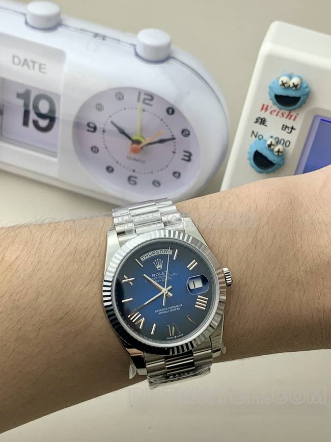 collectible watch PPM factory blue black dial Roman numerals Rolex Day-Date mechanical front live photo