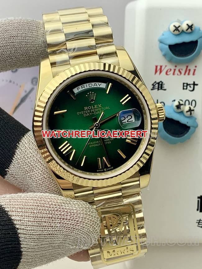 1:1replica watch PPM factory gradient green dial Roman numerals RolexDay-Dateyellow gold mechanical front live photo