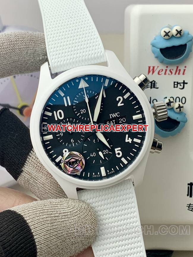 top-tier watch IWCAPS factory pilot black dialchronograph white ceramic mechanical front live photo