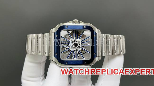 watch CartierMLF factory Santos blue hollow disc mechanical front live photo