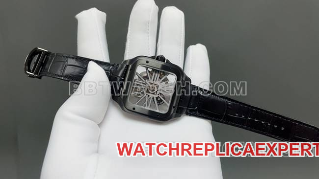collectible watch Santos MLF factory Cartier black hollow plate mechanical leather strap model front live photo