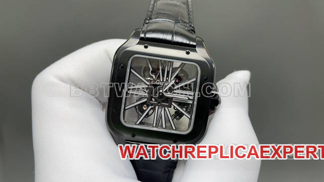 collectible watch Santos MLF factory Cartier black hollow plate mechanical leather strap model front live photo