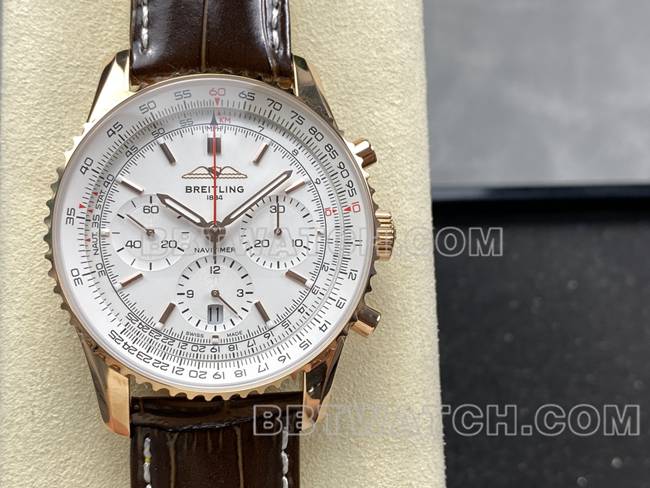 collectible watch aviation chronograph BLS factory Breitlingrose goldwhite dialleather strap model front live photo
