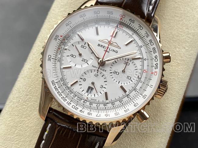 collectible watch aviation chronograph BLS factory Breitlingrose goldwhite dialleather strap model front live photo