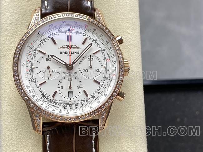 1:1replica watch aviation chronographBLS factory Breitlingrose gold diamond white dialleather strap model front live photo
