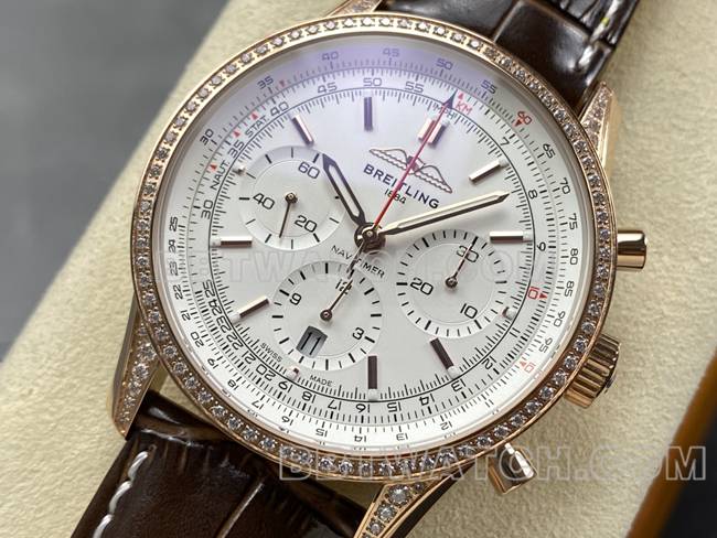 1:1replica watch aviation chronographBLS factory Breitlingrose gold diamond white dialleather strap model front live photo