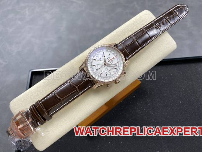 1:1replica watch aviation chronographBLS factory Breitlingrose gold diamond white dialleather strap model front live photo