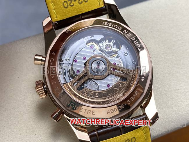 1:1replica watch aviation chronographBLS factory Breitlingrose gold diamond white dialleather strap caseback live photo