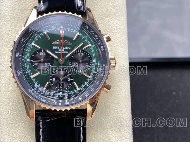 watch aviation chronograph BLS factory Breitlingrose goldgreen dialleather strap model front live photo