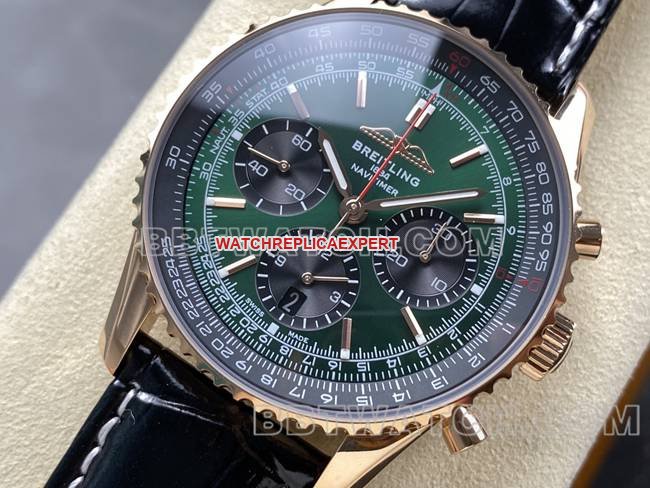 watch aviation chronograph BLS factory Breitlingrose goldgreen dialleather strap model front live photo