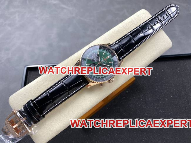 watch aviation chronograph BLS factory Breitlingrose goldgreen dialleather strap model front live photo