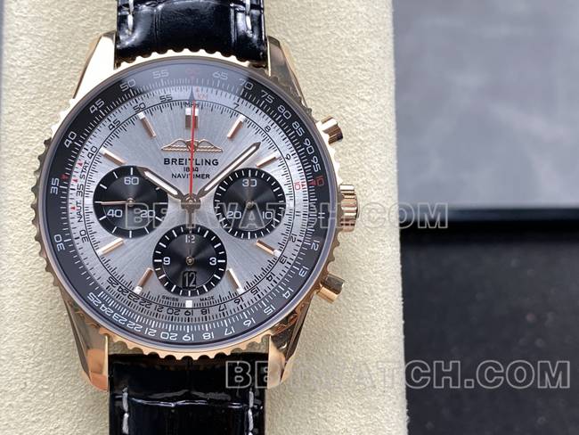 collectible watch aviation chronographBLS factory Breitlingrose gold silver gray plate leather strap model front live photo