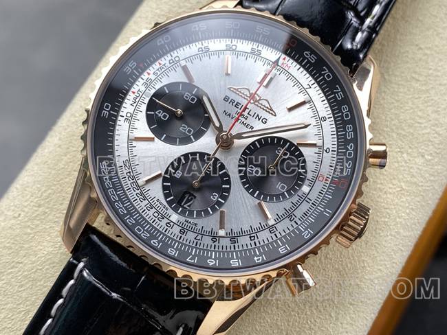 collectible watch aviation chronographBLS factory Breitlingrose gold silver gray plate leather strap model front live photo