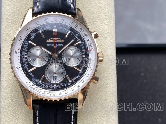 top-tier watch BLS factory Breitling aviation chronographrose goldblack dialleather strap model front live photo