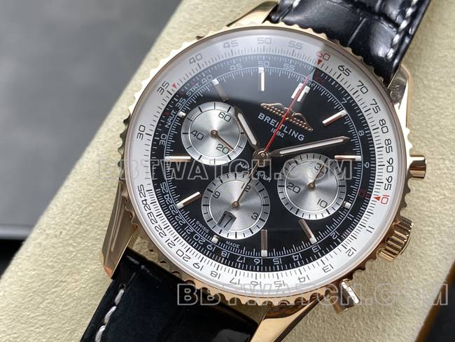 top-tier watch BLS factory Breitling aviation chronographrose goldblack dialleather strap model front live photo