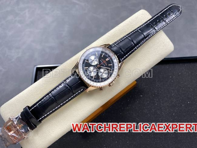 top-tier watch BLS factory Breitling aviation chronographrose goldblack dialleather strap model front live photo