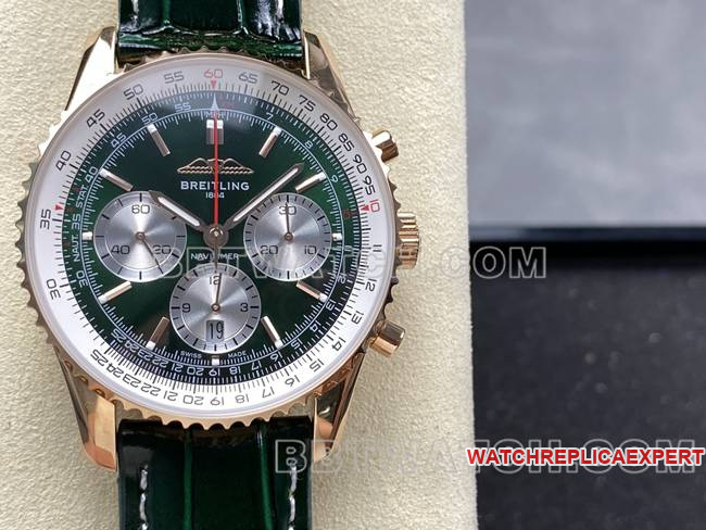 collectible watch BLS factory Breitling aviation chronographrose goldgreen dialleather strap front live photo