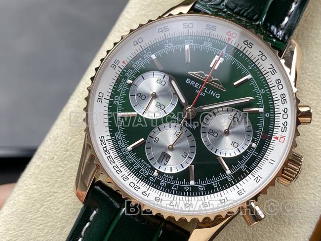 collectible watch BLS factory Breitling aviation chronographrose goldgreen dialleather strap front live photo