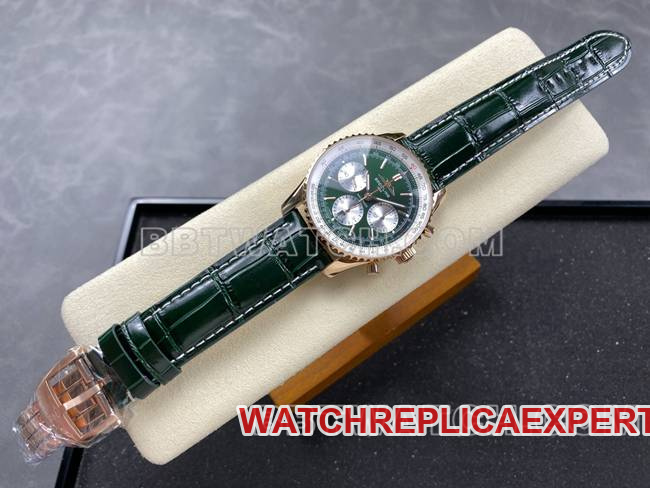 collectible watch BLS factory Breitling aviation chronographrose goldgreen dialleather strap front live photo