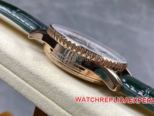 collectible watch BLS factory Breitling aviation chronographrose goldgreen dialleather strap side live photo