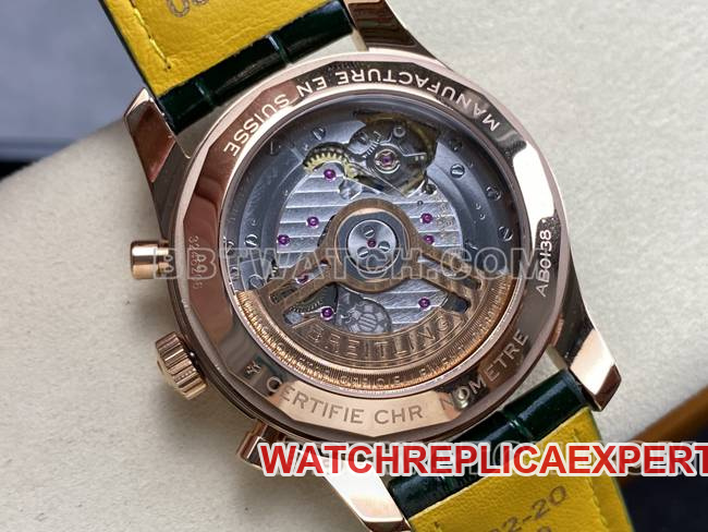 collectible watch BLS factory Breitling aviation chronographrose goldgreen dialleather strap caseback live photo