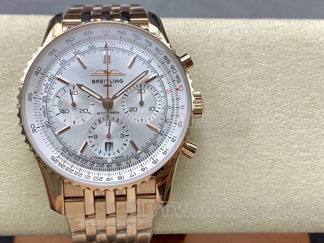 1:1replica watch BLS factory Breitling aviation chronograph silver white dialrose goldsteel bracelet front live photo