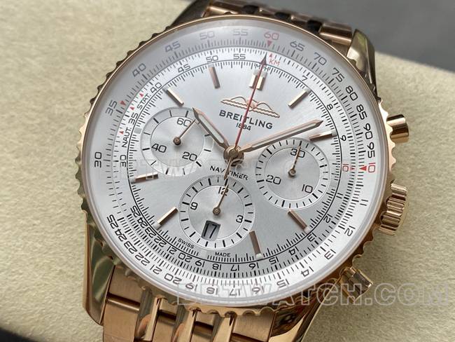 1:1replica watch BLS factory Breitling aviation chronograph silver white dialrose goldsteel bracelet front live photo