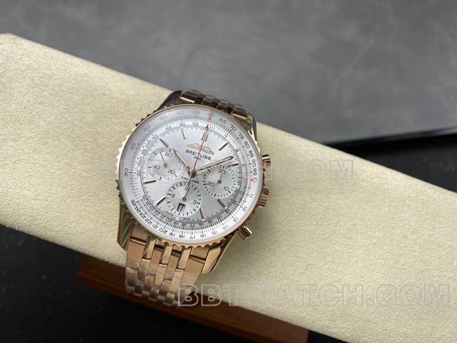 1:1replica watch BLS factory Breitling aviation chronograph silver white dialrose goldsteel bracelet front live photo