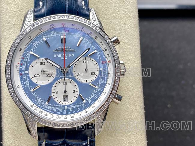 watch BLS factory Breitling aviation chronograph diamond light blue dialleather strap model front live photo