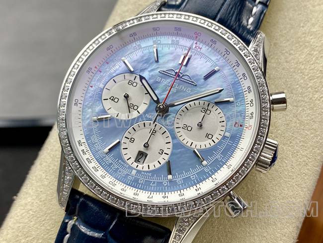 watch BLS factory Breitling aviation chronograph diamond light blue dialleather strap model front live photo