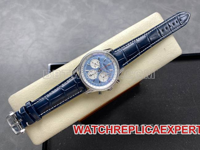 watch BLS factory Breitling aviation chronograph diamond light blue dialleather strap model front live photo