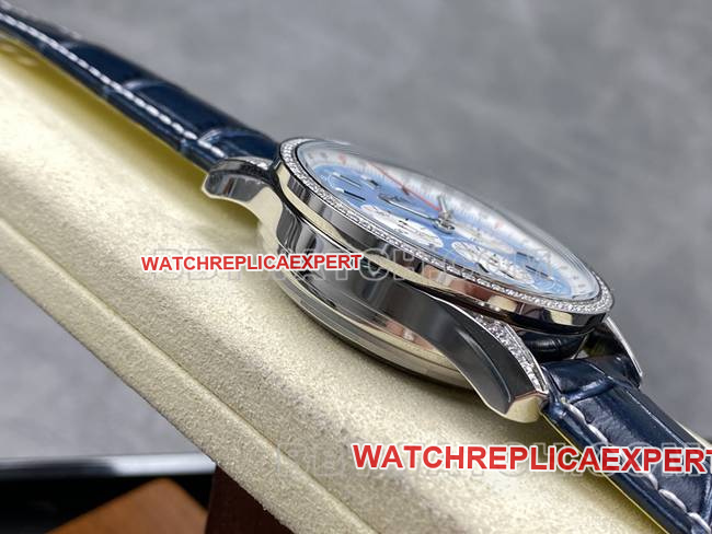 watch BLS factory Breitling aviation chronograph diamond light blue dialleather strap model side live photo