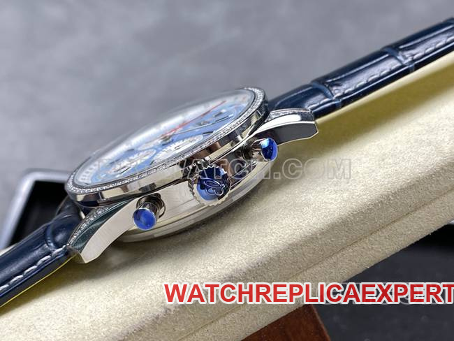 watch BLS factory Breitling aviation chronograph diamond light blue dialleather strap model side live photo