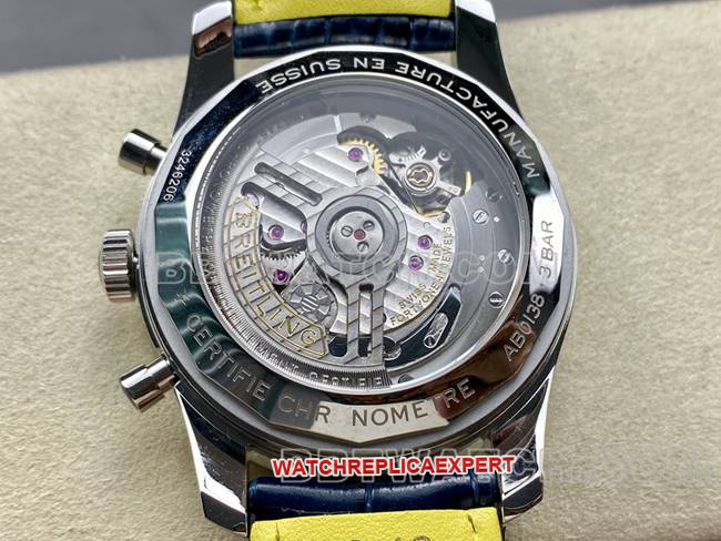 watch BLS factory Breitling aviation chronograph diamond light blue dialleather strap caseback live photo