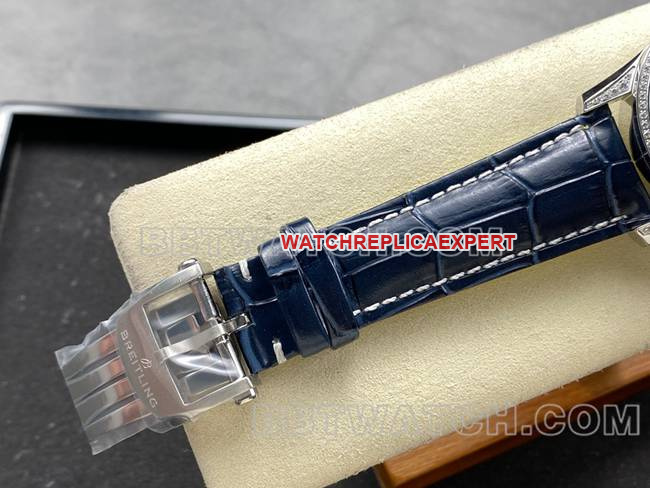 watch BLS factory Breitling aviation chronograph diamond light blue dialleather strap model clasplive photos