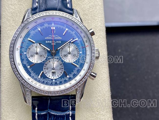 collectible watch BLS factory Breitling aviation chronograph diamond blue dialleather strap model front live photo