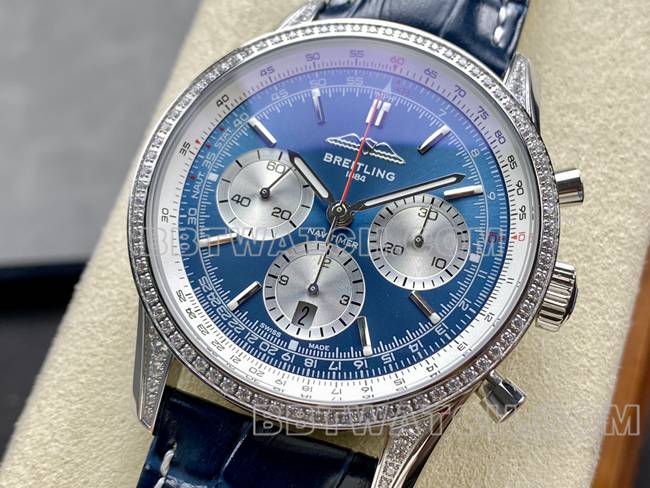 collectible watch BLS factory Breitling aviation chronograph diamond blue dialleather strap model front live photo