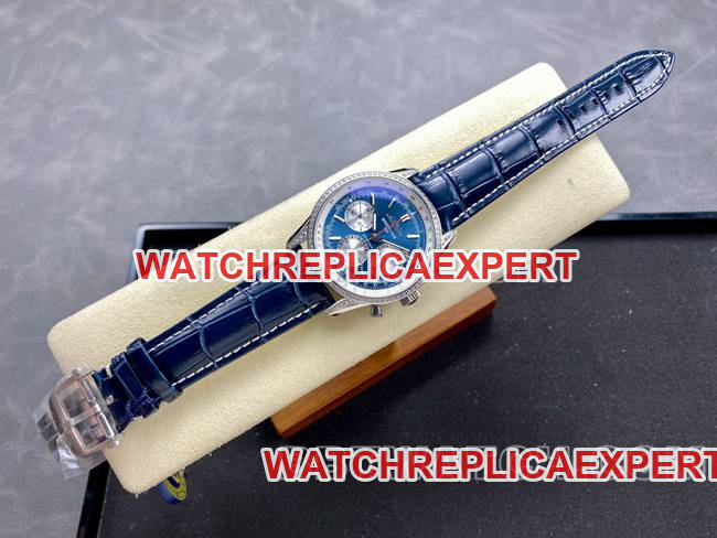 collectible watch BLS factory Breitling aviation chronograph diamond blue dialleather strap model front live photo