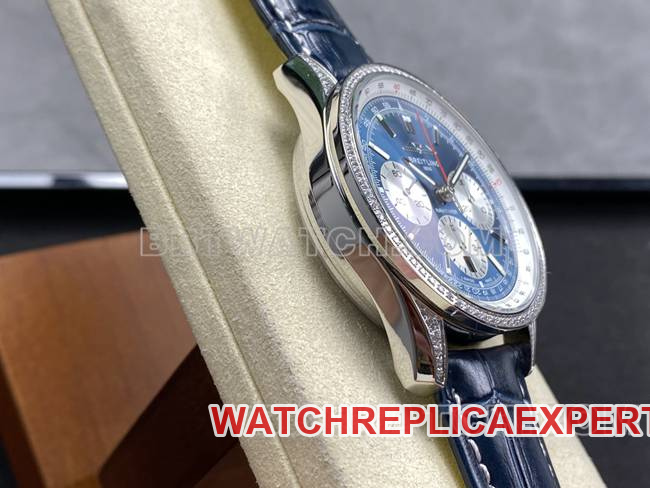 collectible watch BLS factory Breitling aviation chronograph diamond blue dialleather strap model side live photo