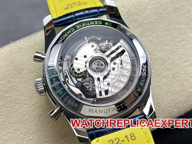 collectible watch BLS factory Breitling aviation chronograph diamond blue dialleather strap caseback live photo